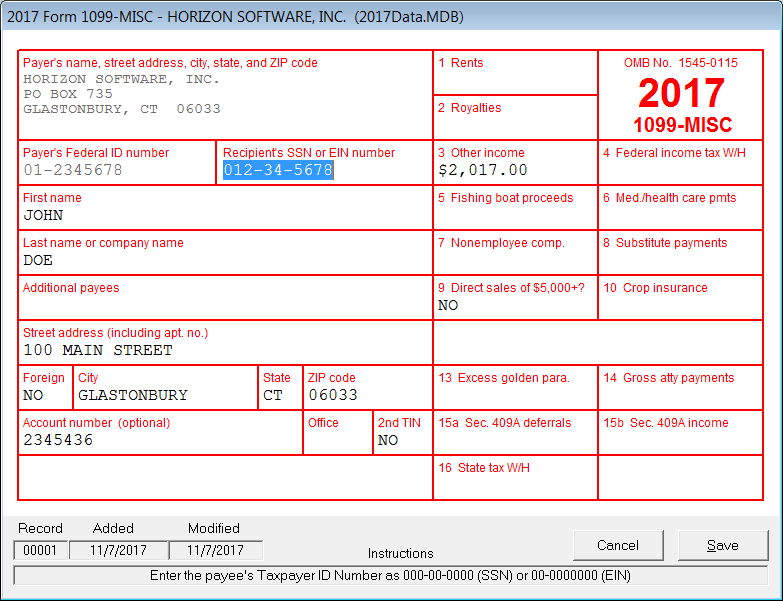 horizon software inc 1099 form 2017